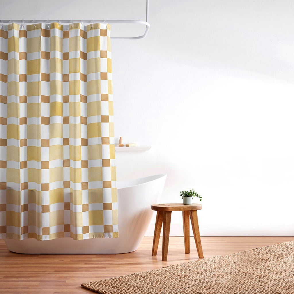 Ninola Design Everyday Artifact Checker Mosaic Tiles Geometry Yellow Shower Curtain