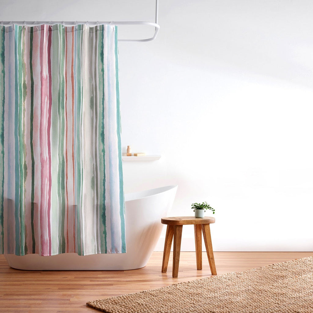 Ninola Design Botanic Retreat Watercolor Stripes Green Orange Red Shower Curtain