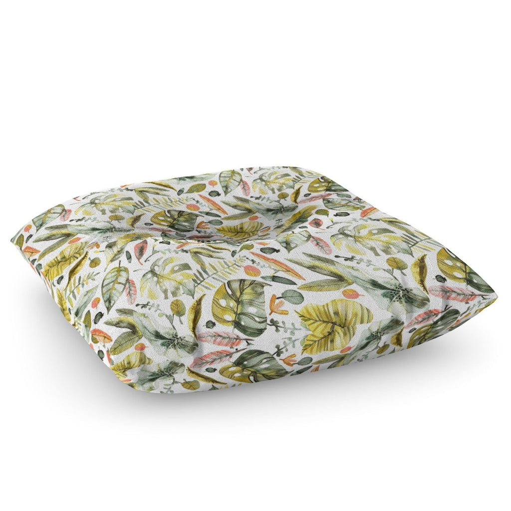 Ninola Design Botanic Retreat Tropical Jungle Leaves Botanical Green Orange Floor Pillow Square