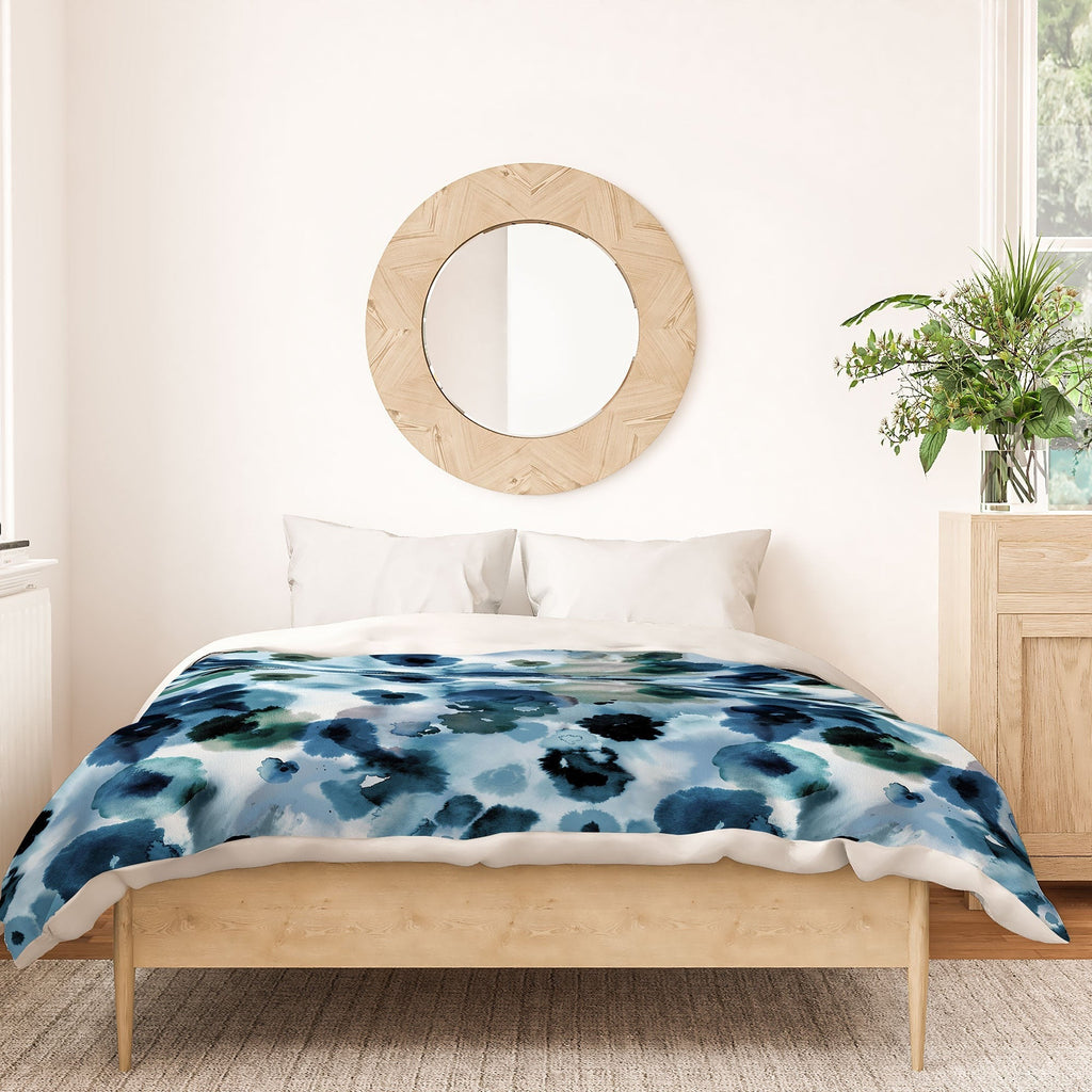Ninola Design Botanic Retreat Ombre Abstract Watercolor Flowers Blue Navy Duvet Cover