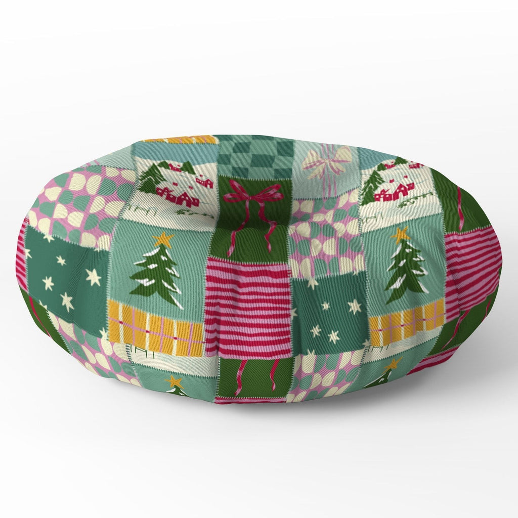 LouBruzzoni Cozy Christmas Patchwork Floor Pillow Round