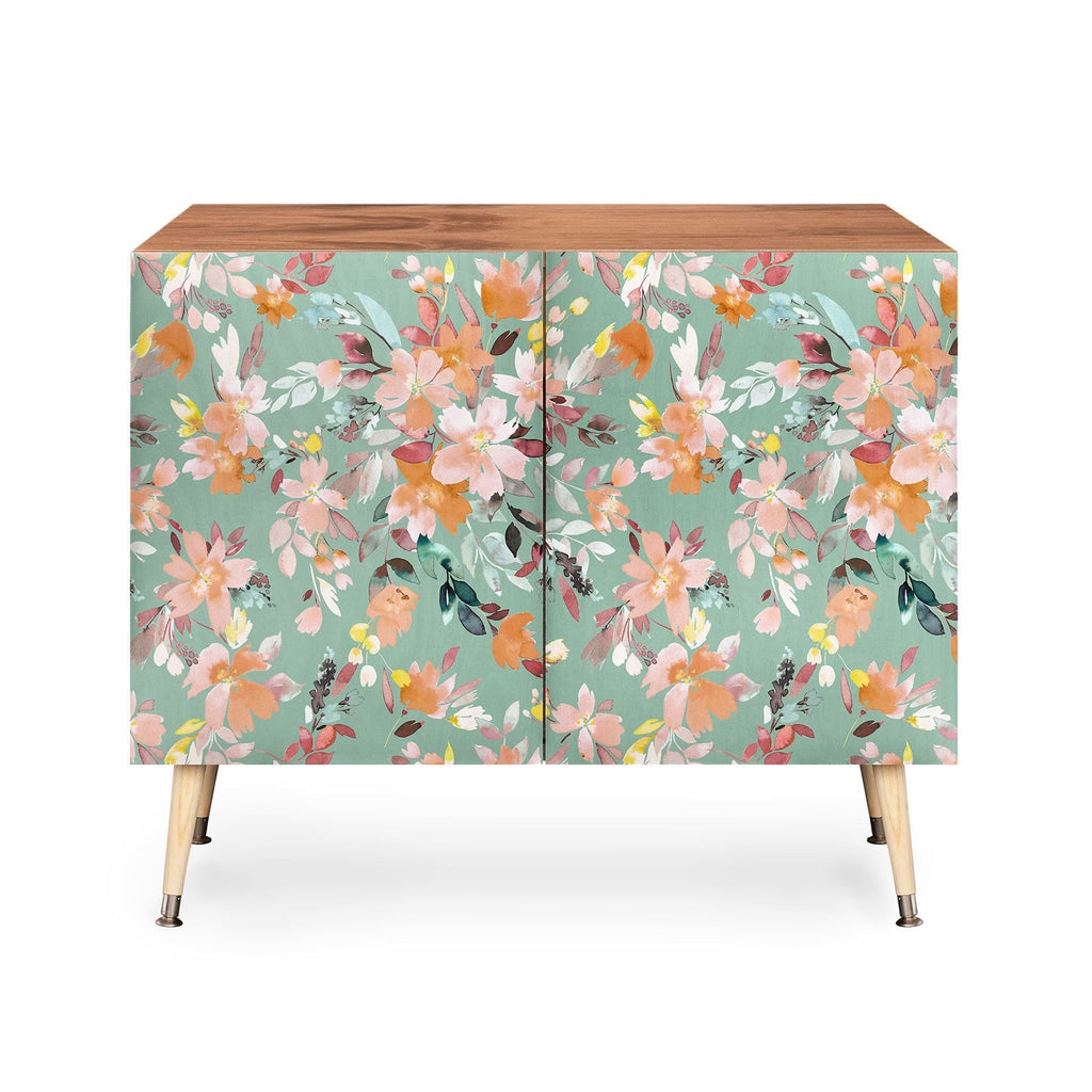 Ninola Design Botanic Retreat Floral Oleander Whimsical Teal Green Credenza