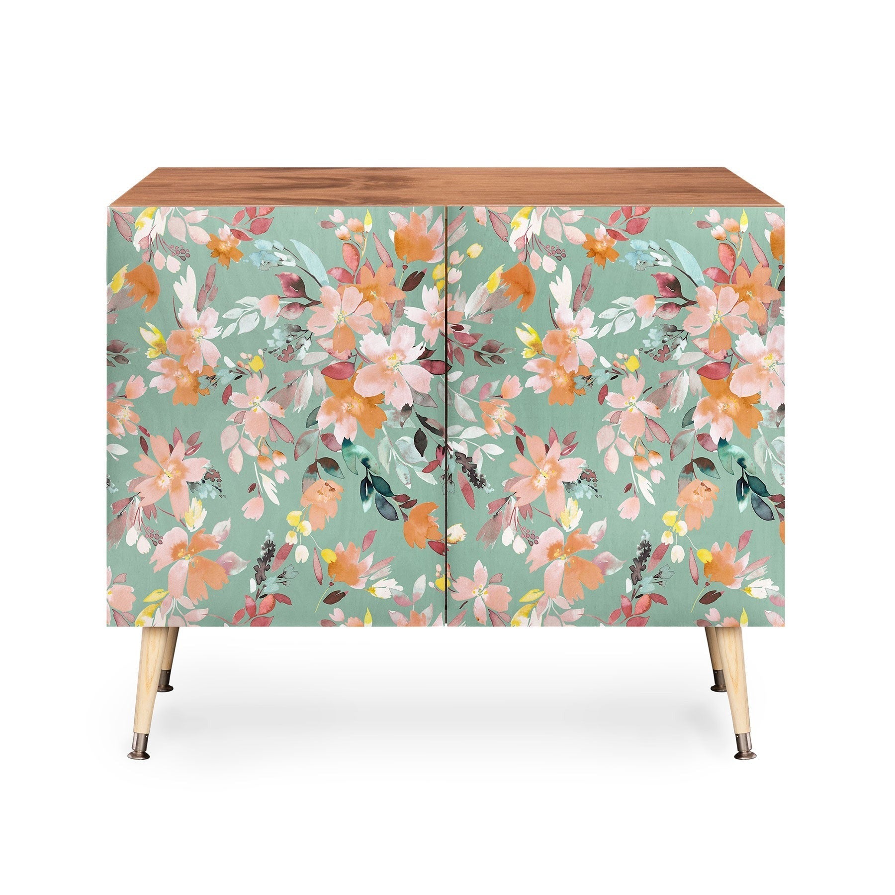 Ninola Design Botanic Retreat Floral Oleander Whimsical Teal Green Credenza