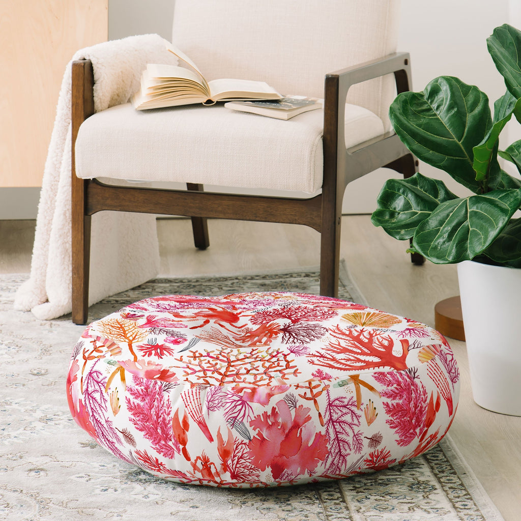 Ninola Design Botanic Retreat Coral Reef Crab Lobster Red Floor Pillow Round