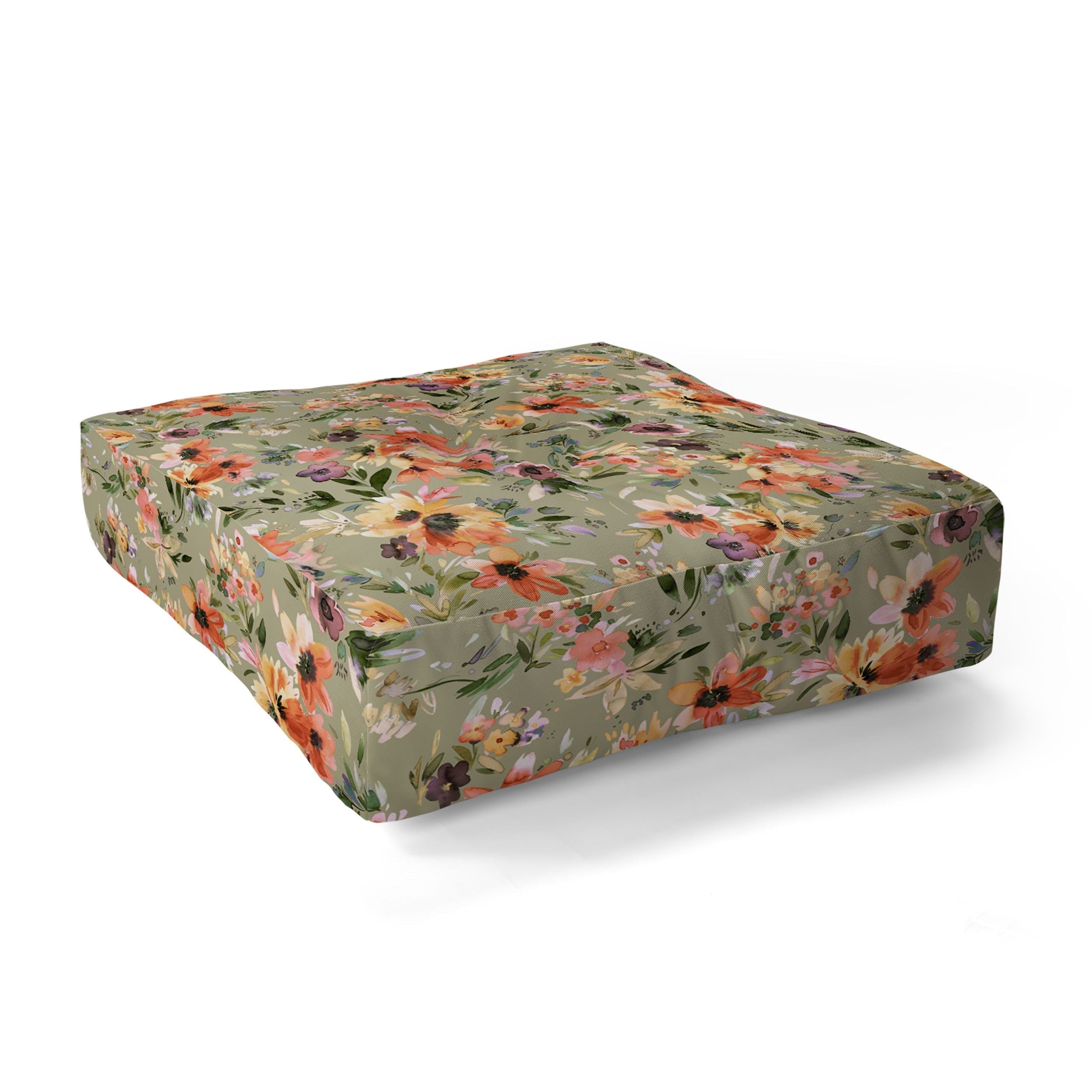 Ninola Design Botanic Retreat Painterly Tropical Flowers Sage Green Floor Pillow Square