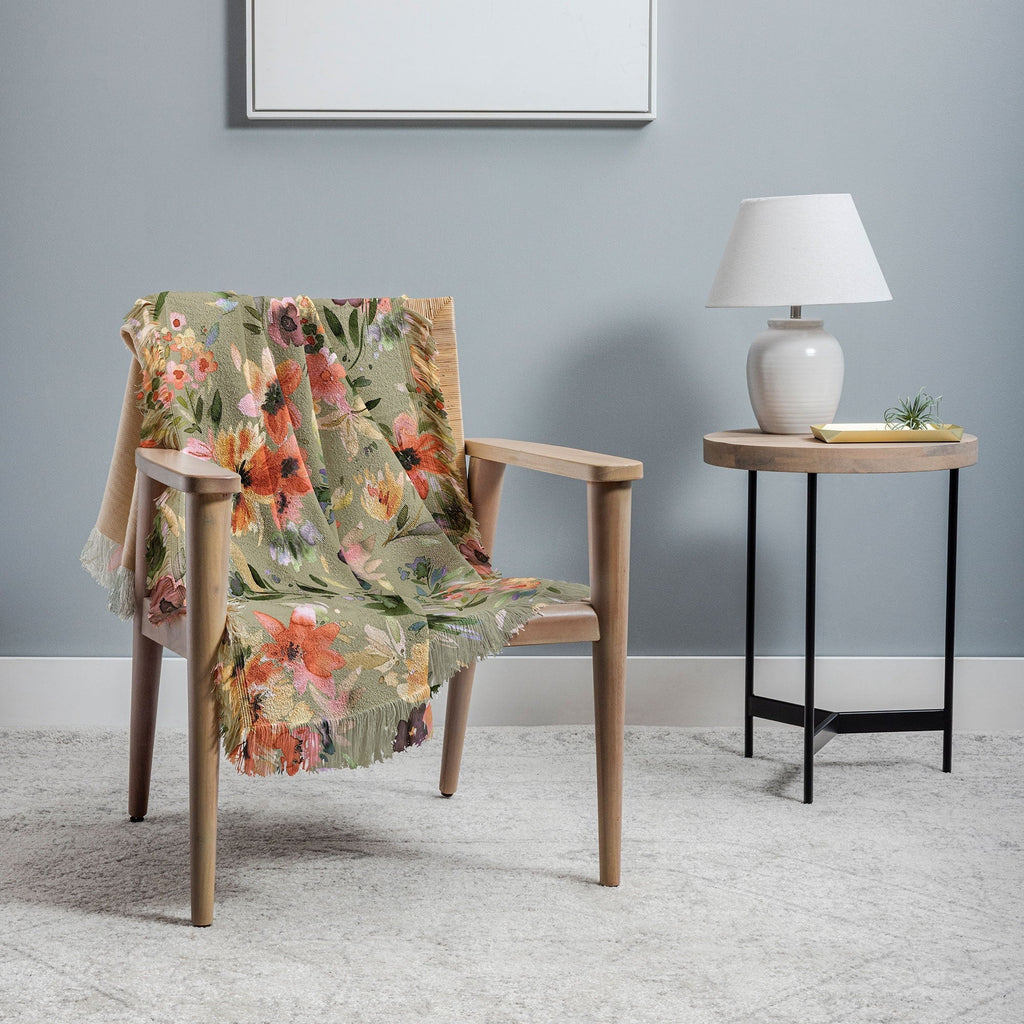Ninola Design Botanic Retreat Painterly Tropical Flowers Sage Green Throw Blanket