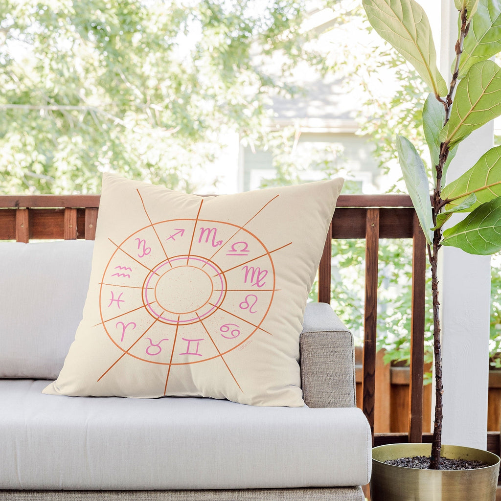 Little Om Zodiac Signs cream Outdoor Throw Pillow