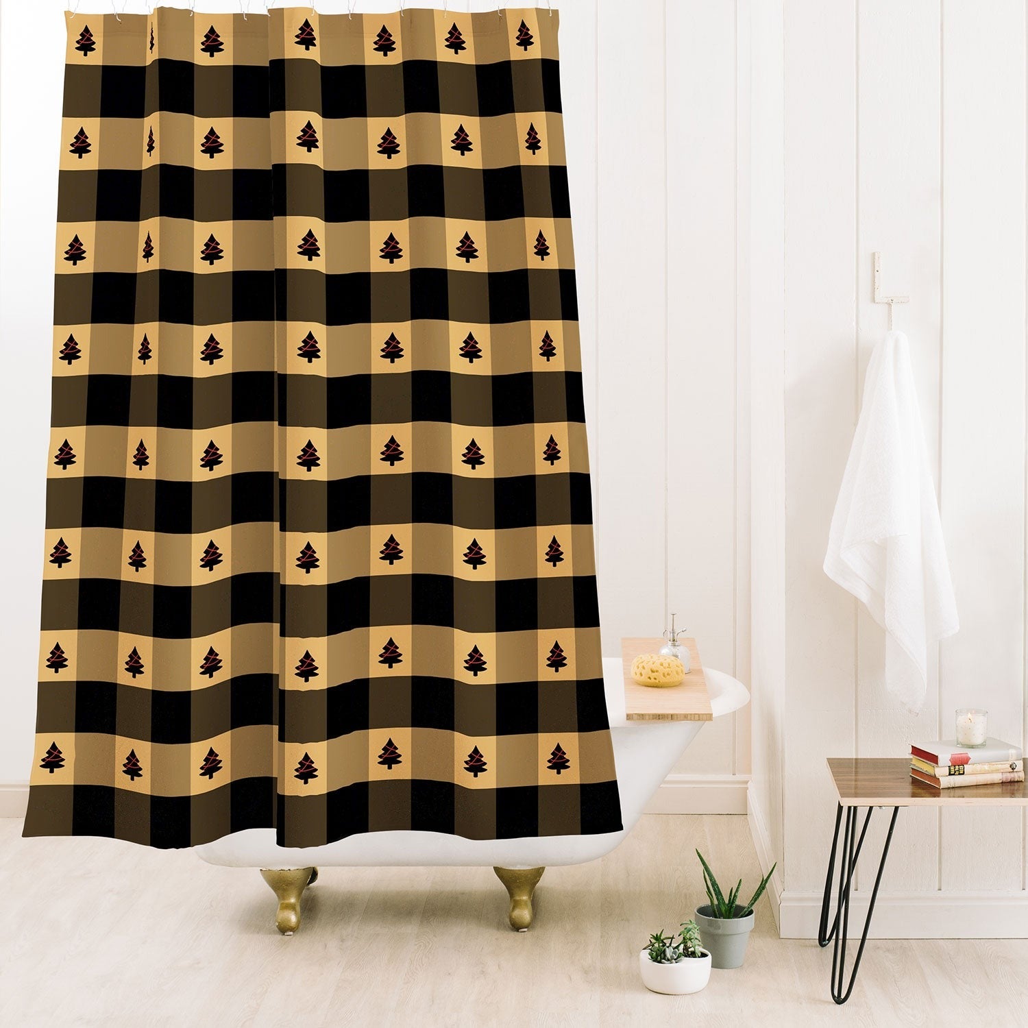 Design by Spark Black Gold Tree Tree Gingham Shower Curtain