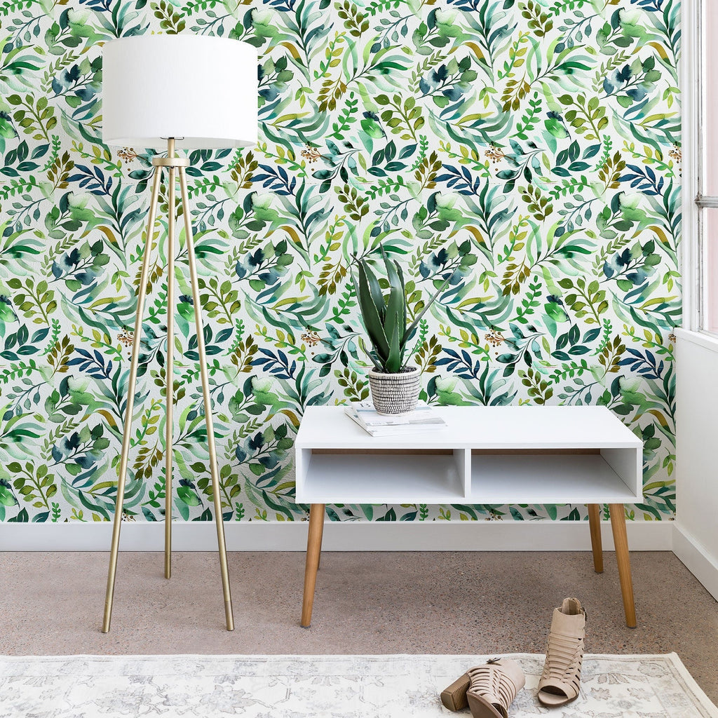 Ninola Design Botanic Retreat Loose Botanical Leaves Watercolor Green Wallpaper