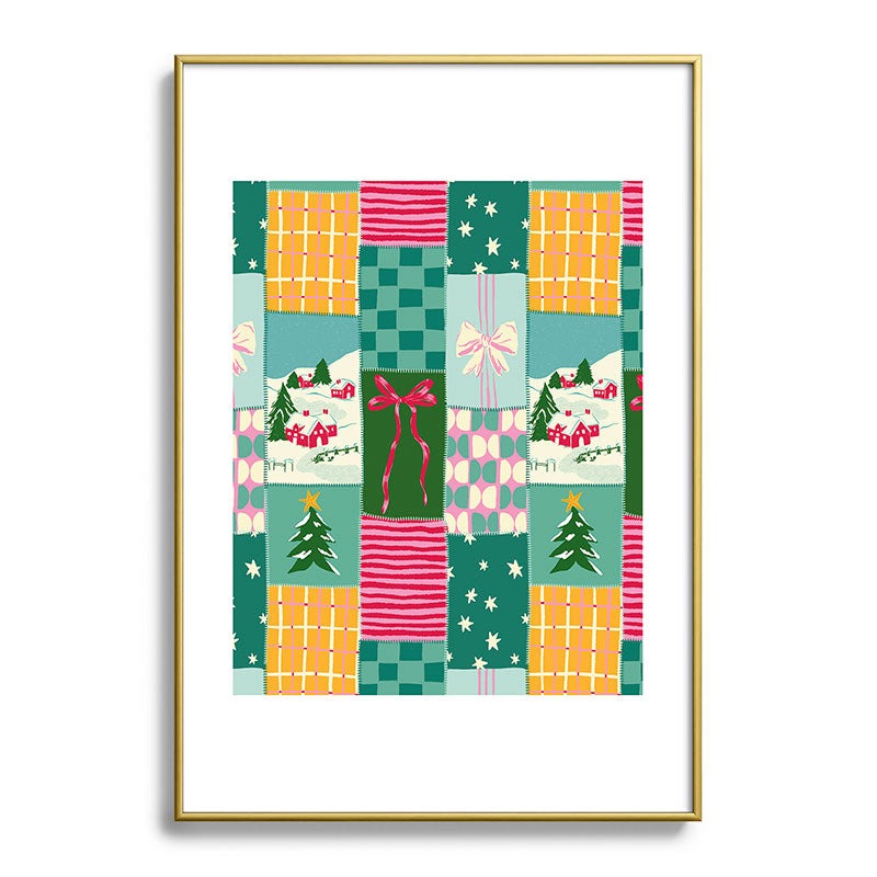 LouBruzzoni Cozy Christmas Patchwork Metal Framed Art Print