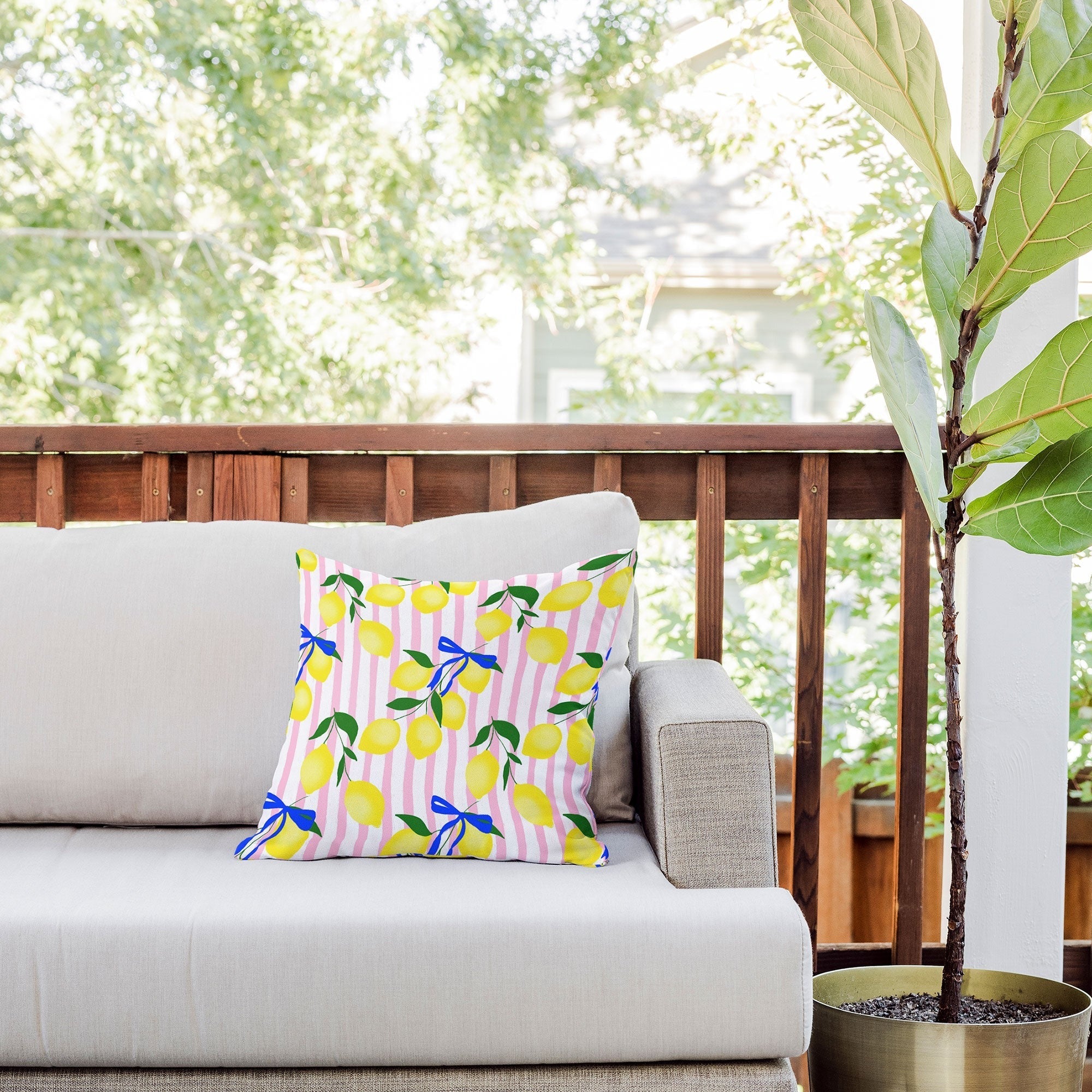 Design by Spark Zesty Lemons and Stripes Outdoor Throw Pillow