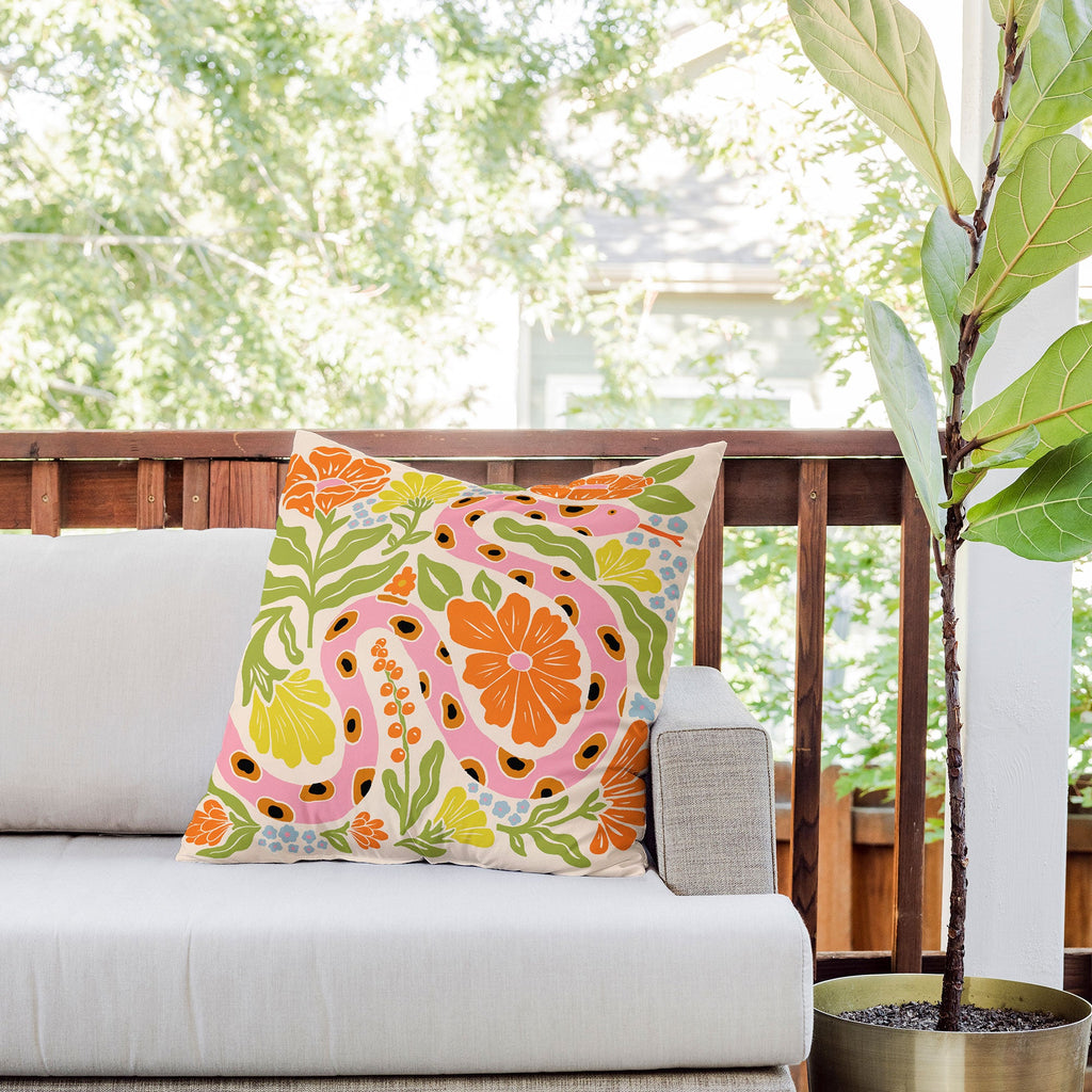 Jaclyn Caris Snake in the Garden Outdoor Throw Pillow