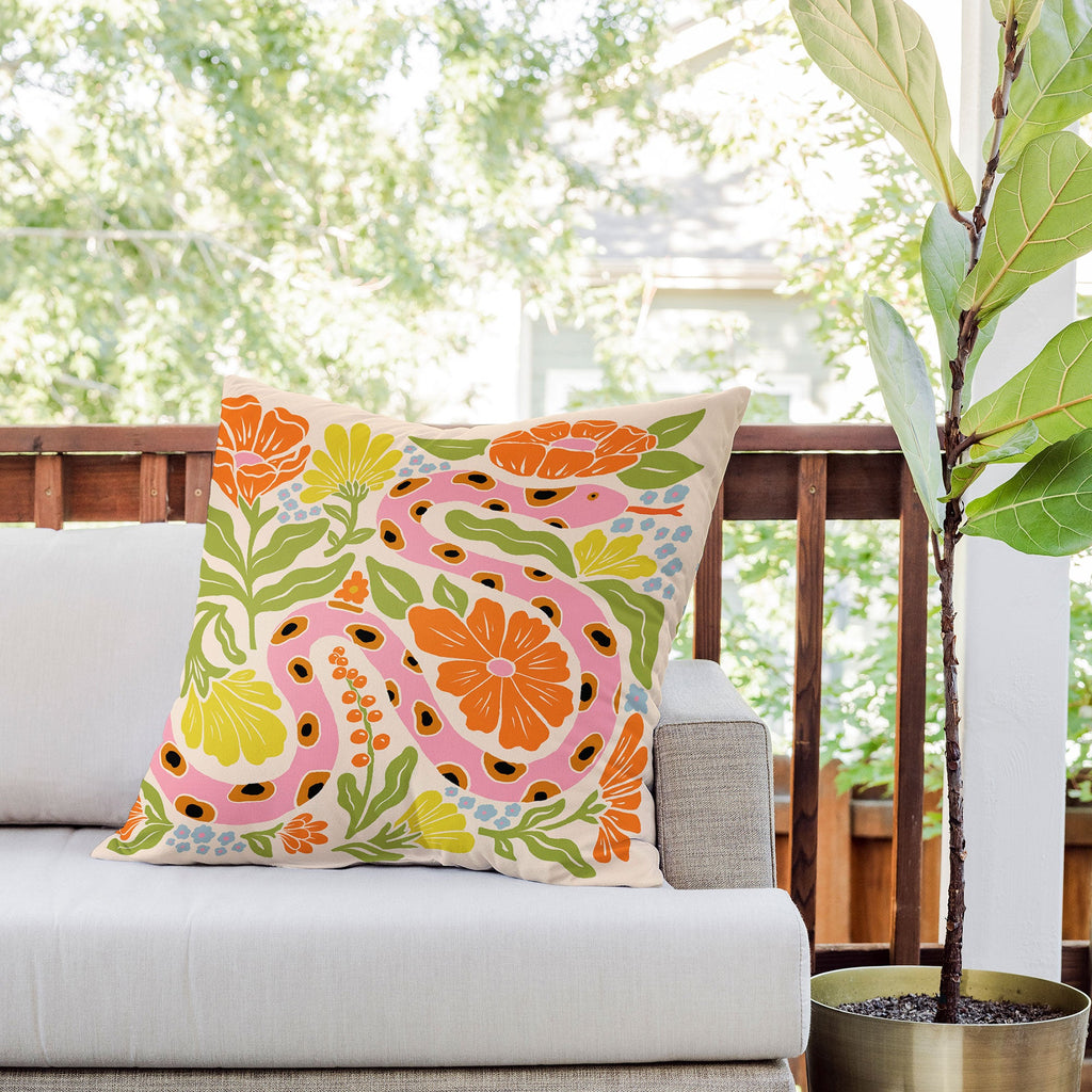 Jaclyn Caris Snake in the Garden Outdoor Throw Pillow