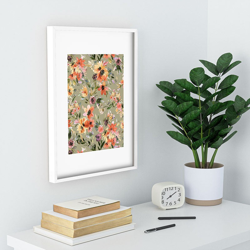 Ninola Design Botanic Retreat Painterly Tropical Flowers Sage Green Recessed Framing Rectangle