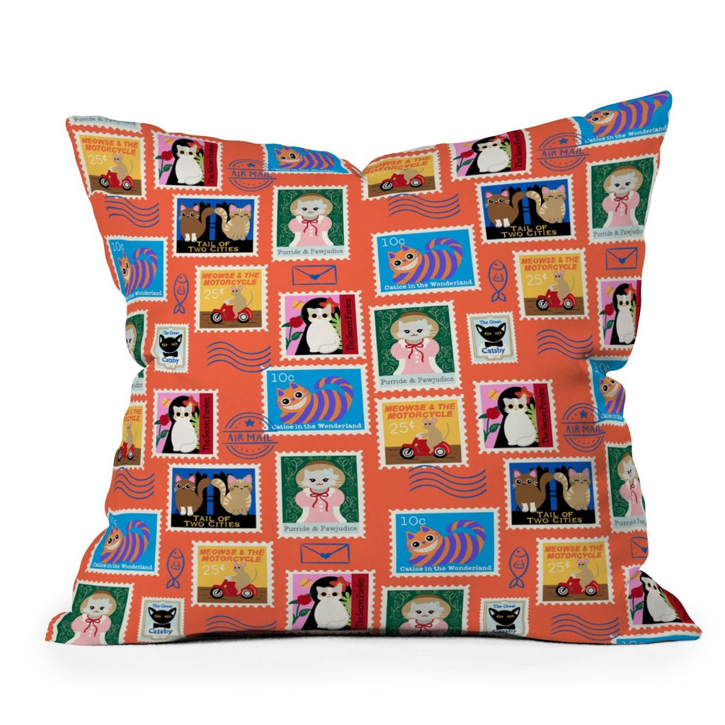 Design by Spark Classic Book Cat Stamps Throw Pillow