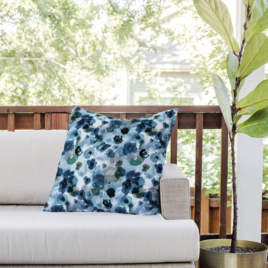 Ninola Design Botanic Retreat Ombre Abstract Watercolor Flowers Blue Navy Outdoor Throw Pillow