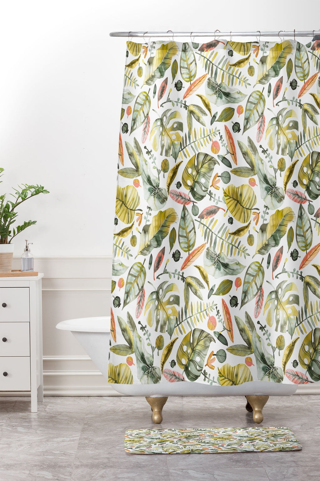 Ninola Design Botanic Retreat Tropical Jungle Leaves Botanical Green Orange Memory Foam Bath Mat
