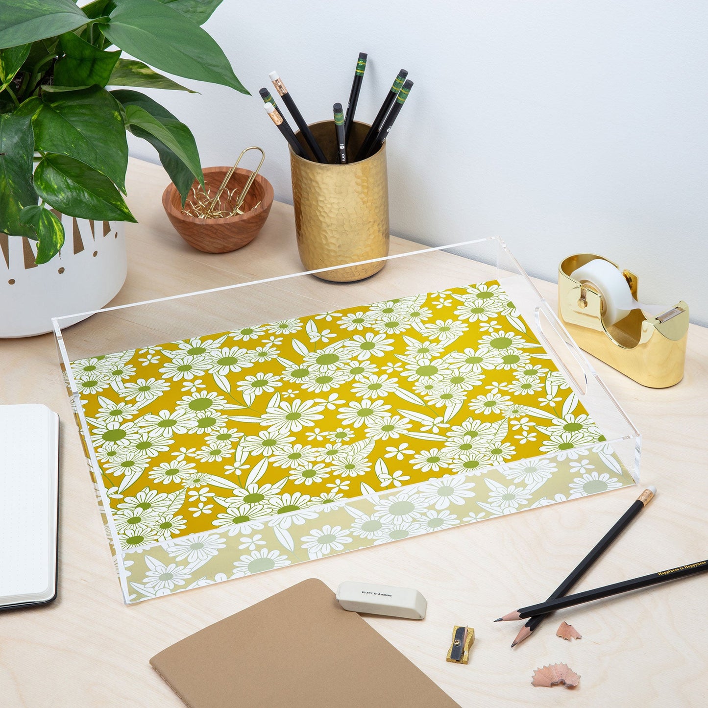 Jenean Morrison Simple Floral Green Yellow Acrylic Tray