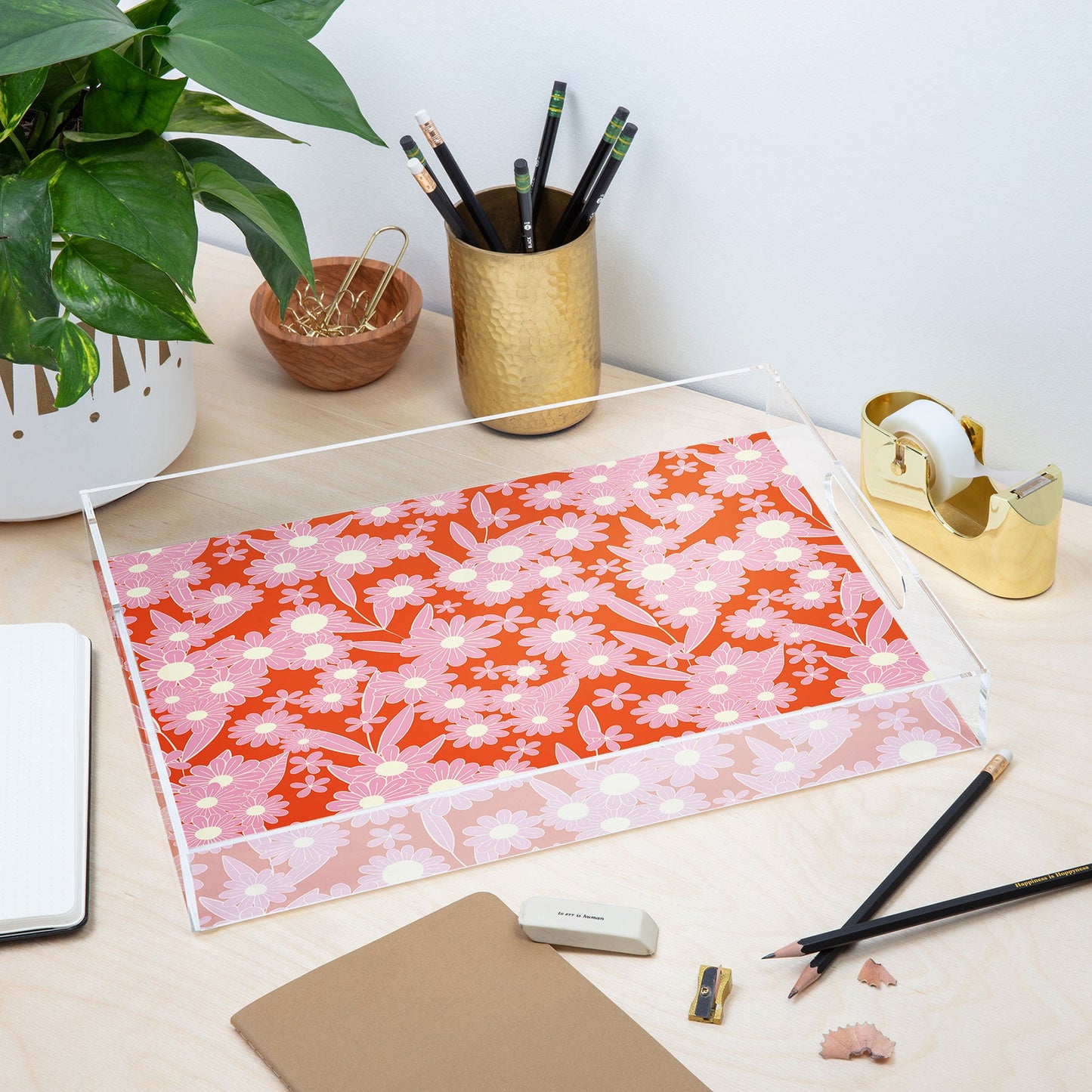 Jenean Morrison Simple Floral Pink Red Acrylic Tray