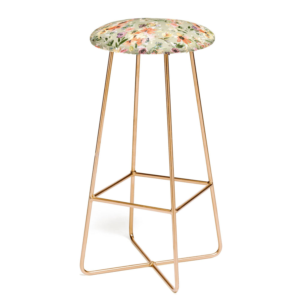 Ninola Design Botanic Retreat Painterly Tropical Flowers Sage Green Bar Stool