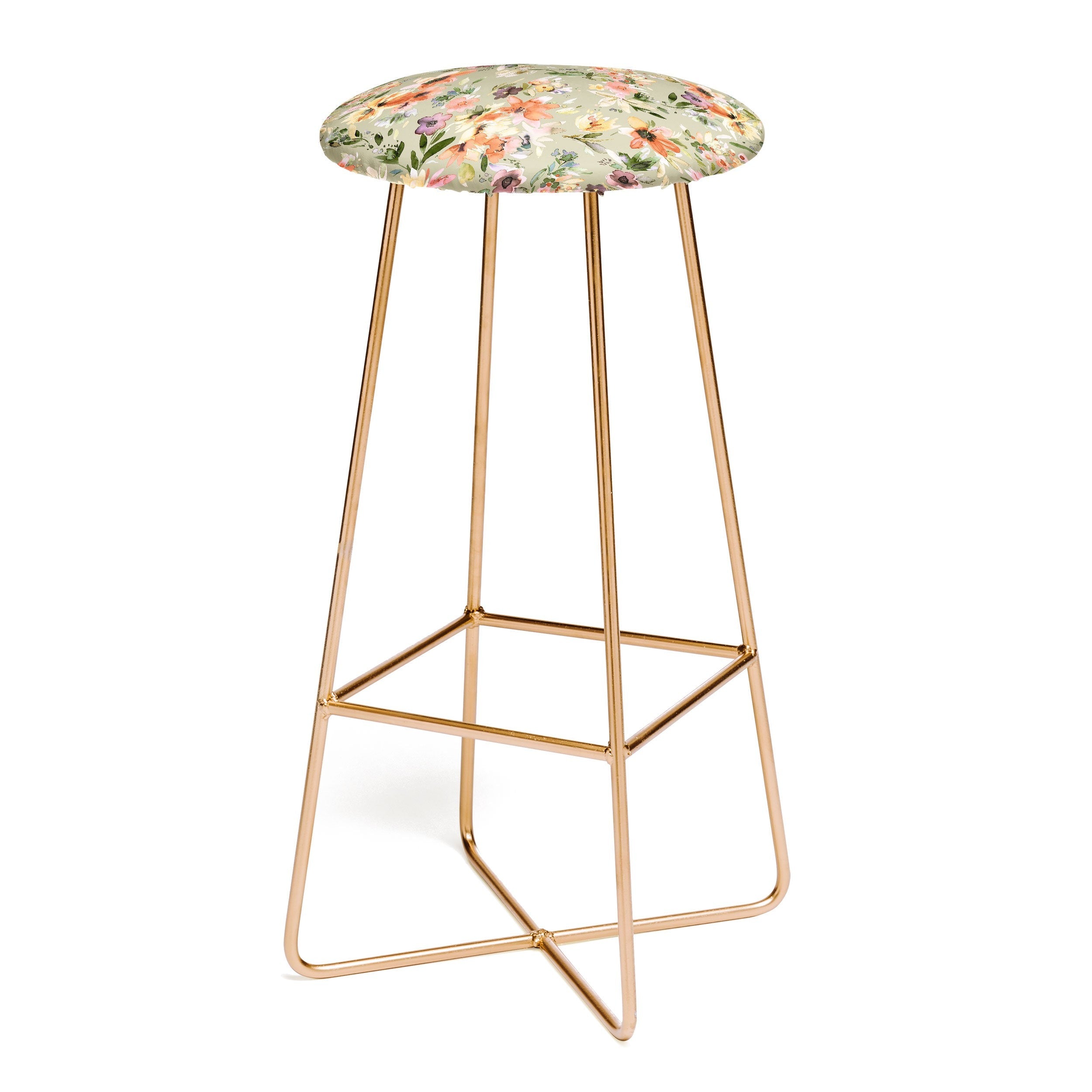 Ninola Design Botanic Retreat Painterly Tropical Flowers Sage Green Bar Stool