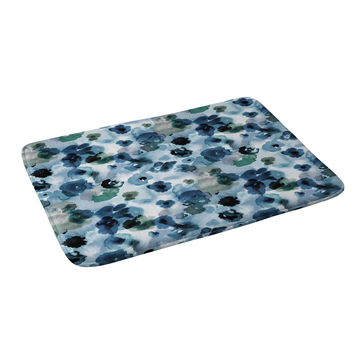 Ninola Design Botanic Retreat Ombre Abstract Watercolor Flowers Blue Navy Memory Foam Bath Mat