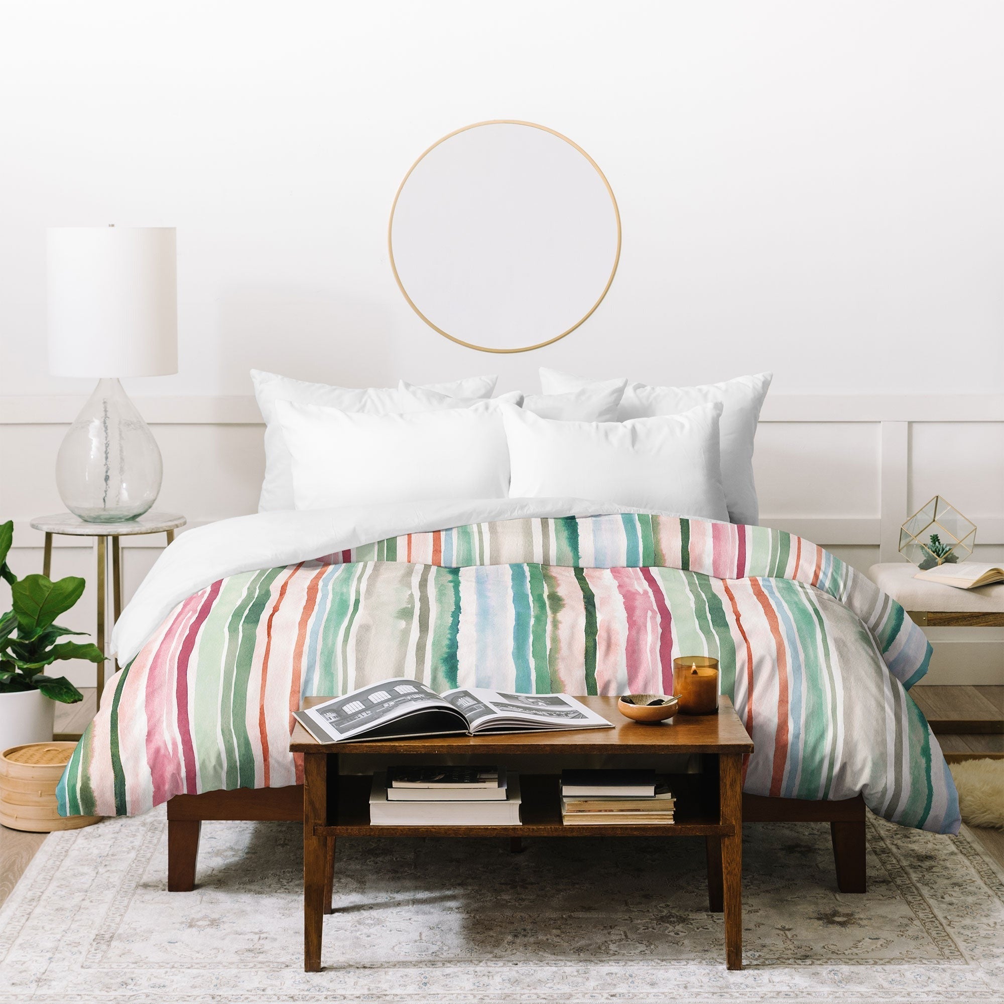 Ninola Design Botanic Retreat Watercolor Stripes Green Orange Red Duvet Cover