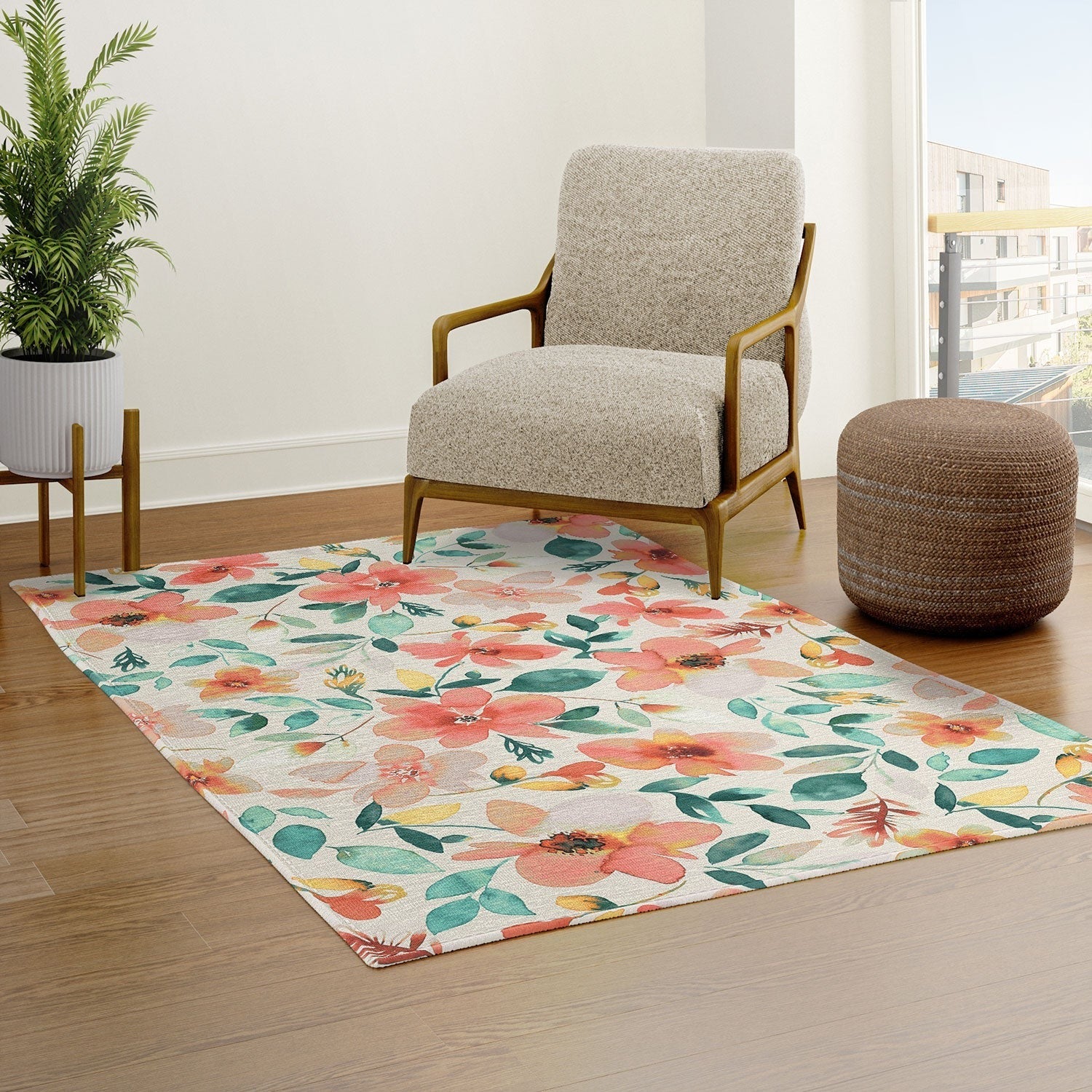 Ninola Design Botanic Retreat Tropical Whimsical Flowers Coral Green Area Rug
