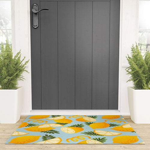 Jessica Molina Lemon Pattern on Sky Blue Welcome Mat