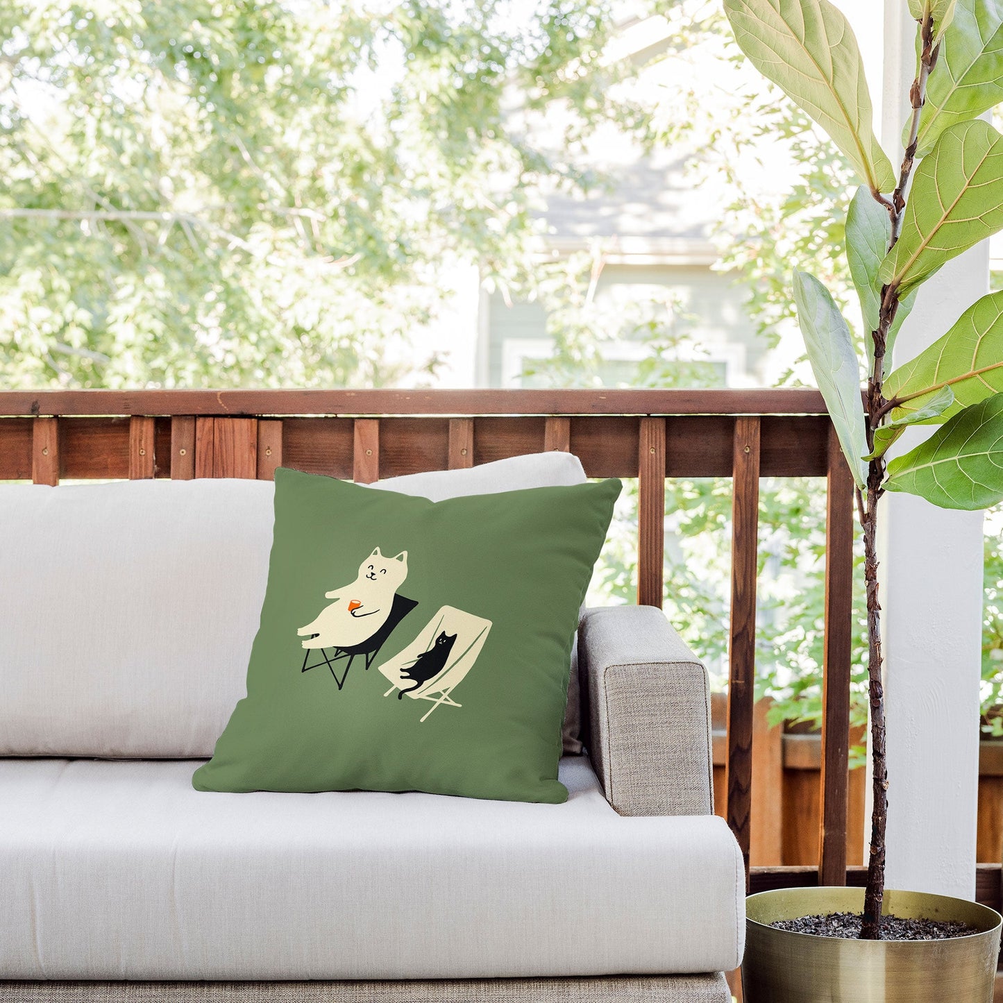 Jimmy Tan Happy go Lucky Cat Outdoor Throw Pillow