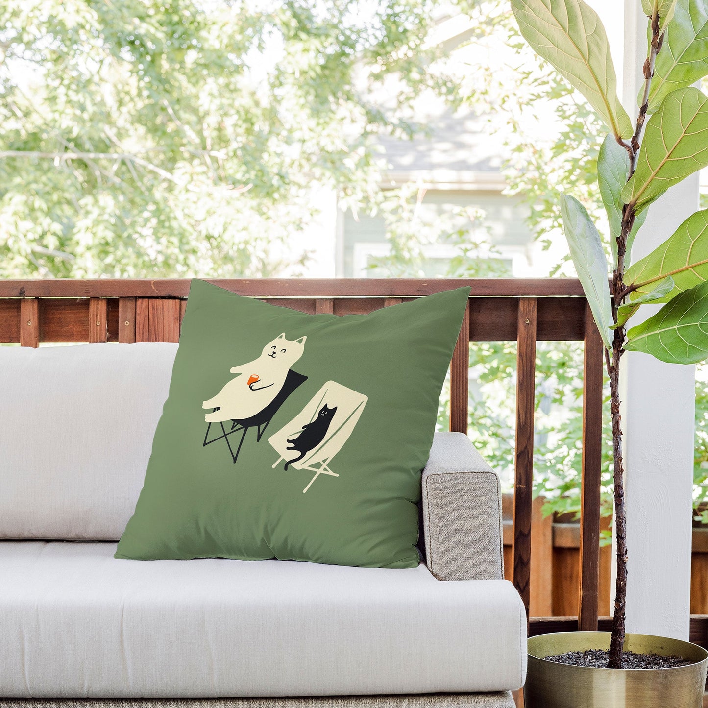 Jimmy Tan Happy go Lucky Cat Outdoor Throw Pillow