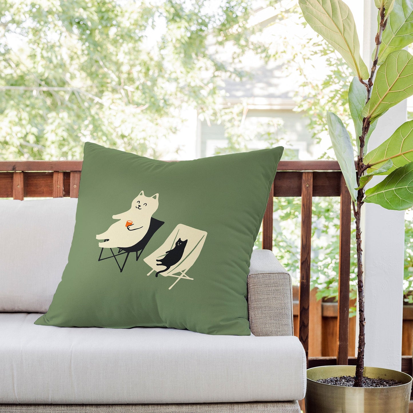 Jimmy Tan Happy go Lucky Cat Outdoor Throw Pillow