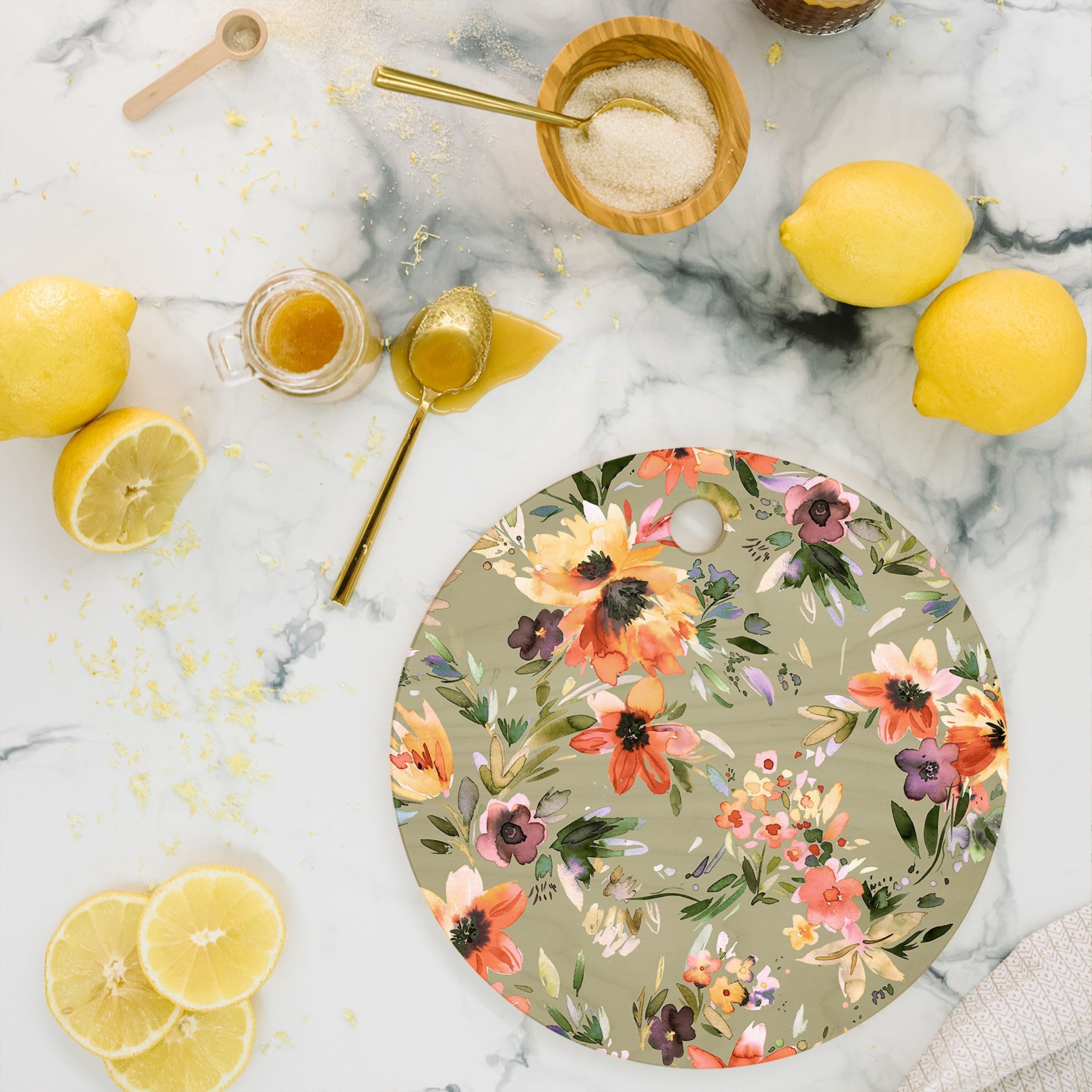 Ninola Design Botanic Retreat Painterly Tropical Flowers Sage Green Cutting Board Round