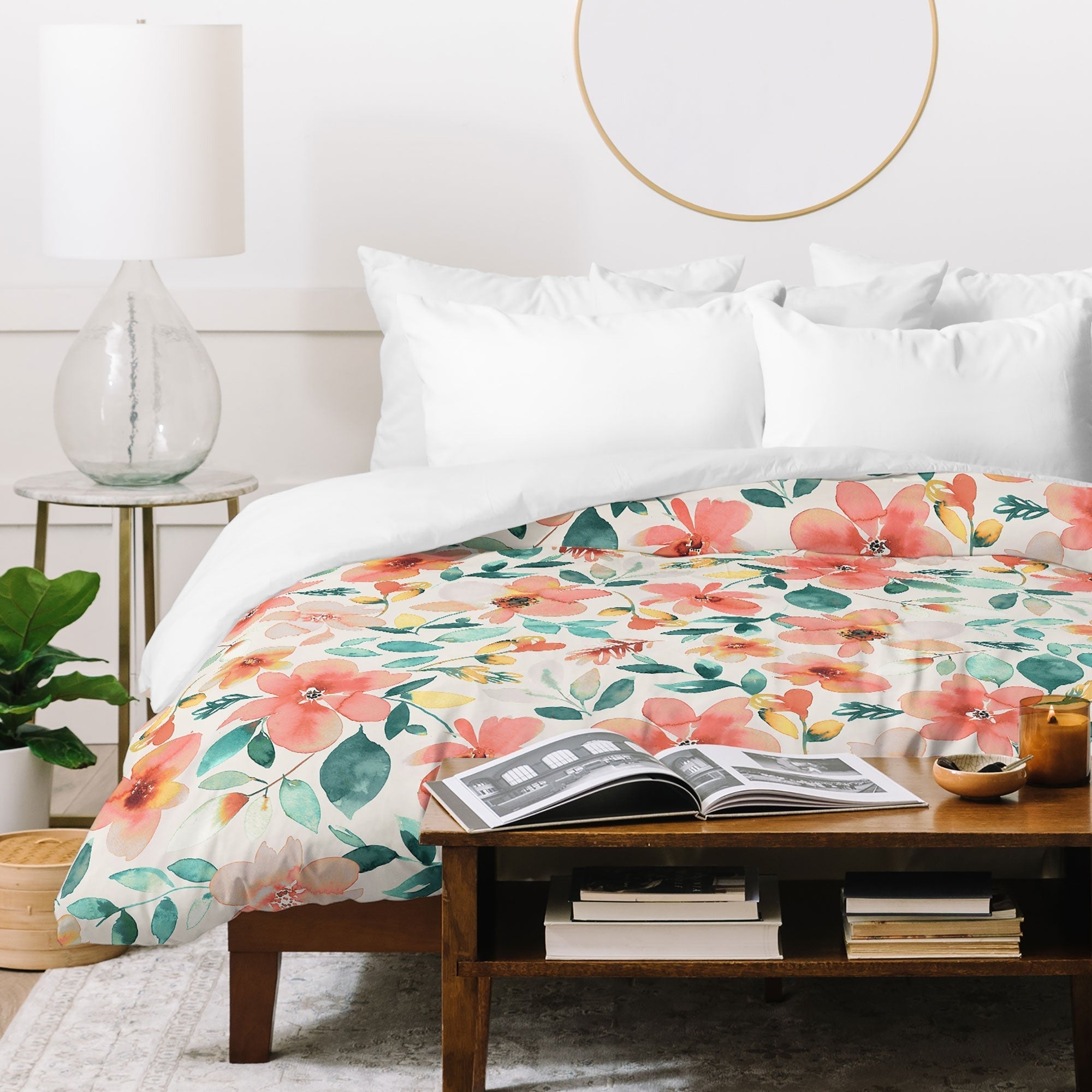 Ninola Design Botanic Retreat Tropical Whimsical Flowers Coral Green Duvet Cover