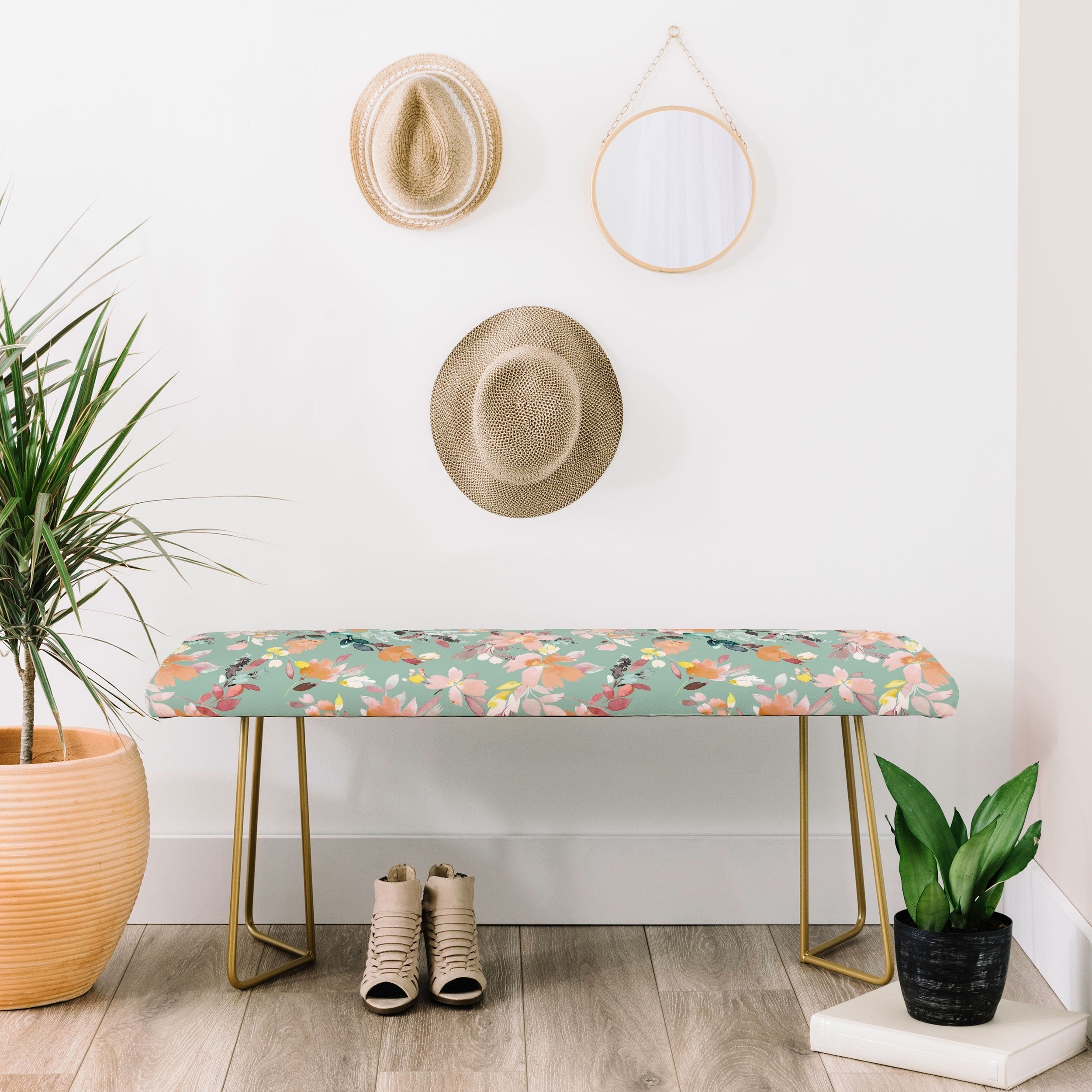 Ninola Design Botanic Retreat Floral Oleander Whimsical Teal Green Bench