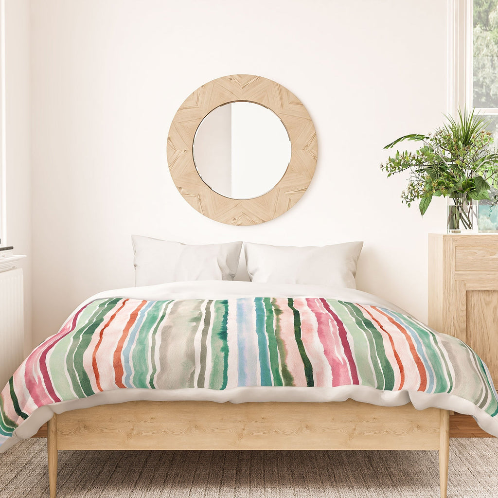 Ninola Design Botanic Retreat Watercolor Stripes Green Orange Red Duvet Cover