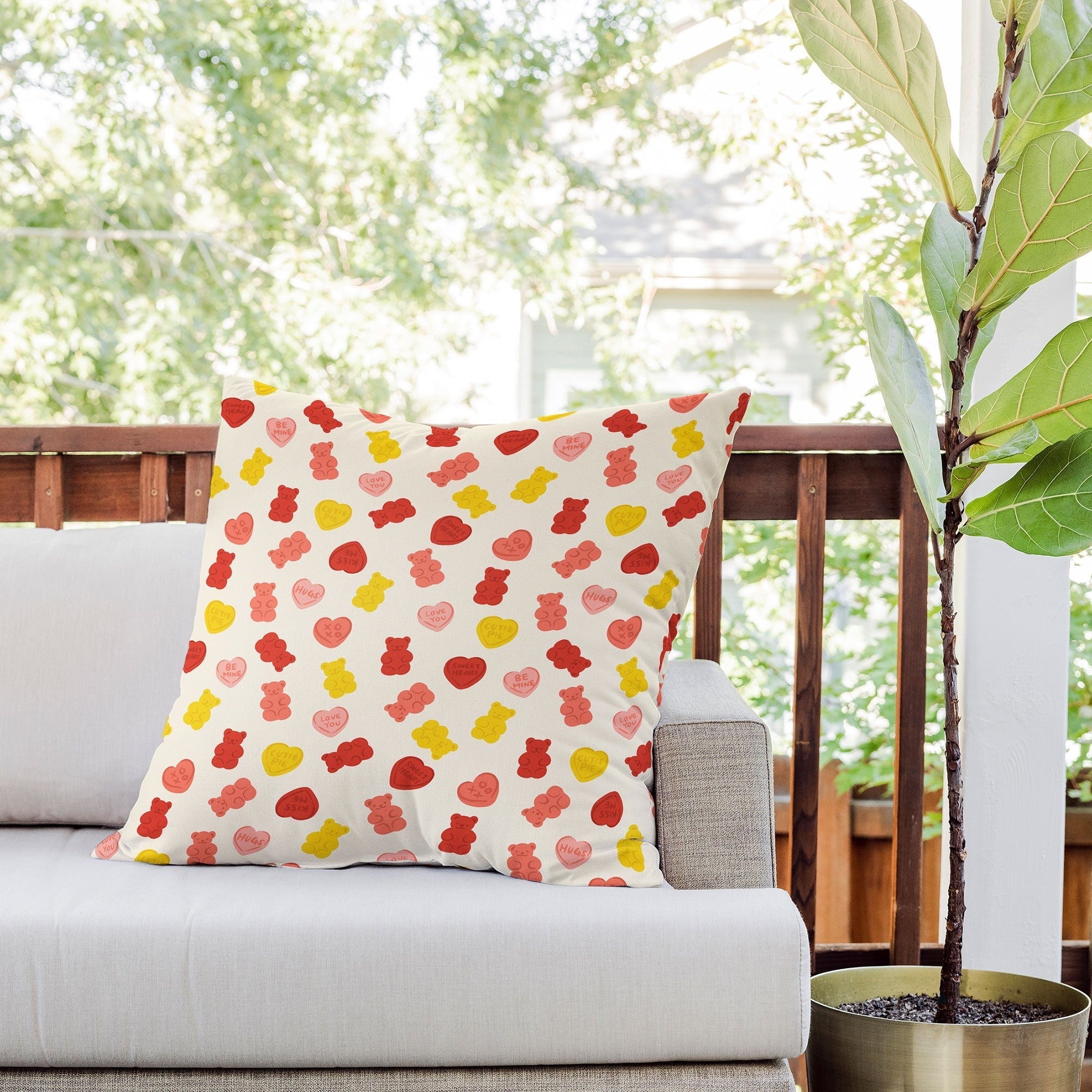 Design by Spark Gummy Bears and Candy Hearts Valentines Outdoor Throw Pillow