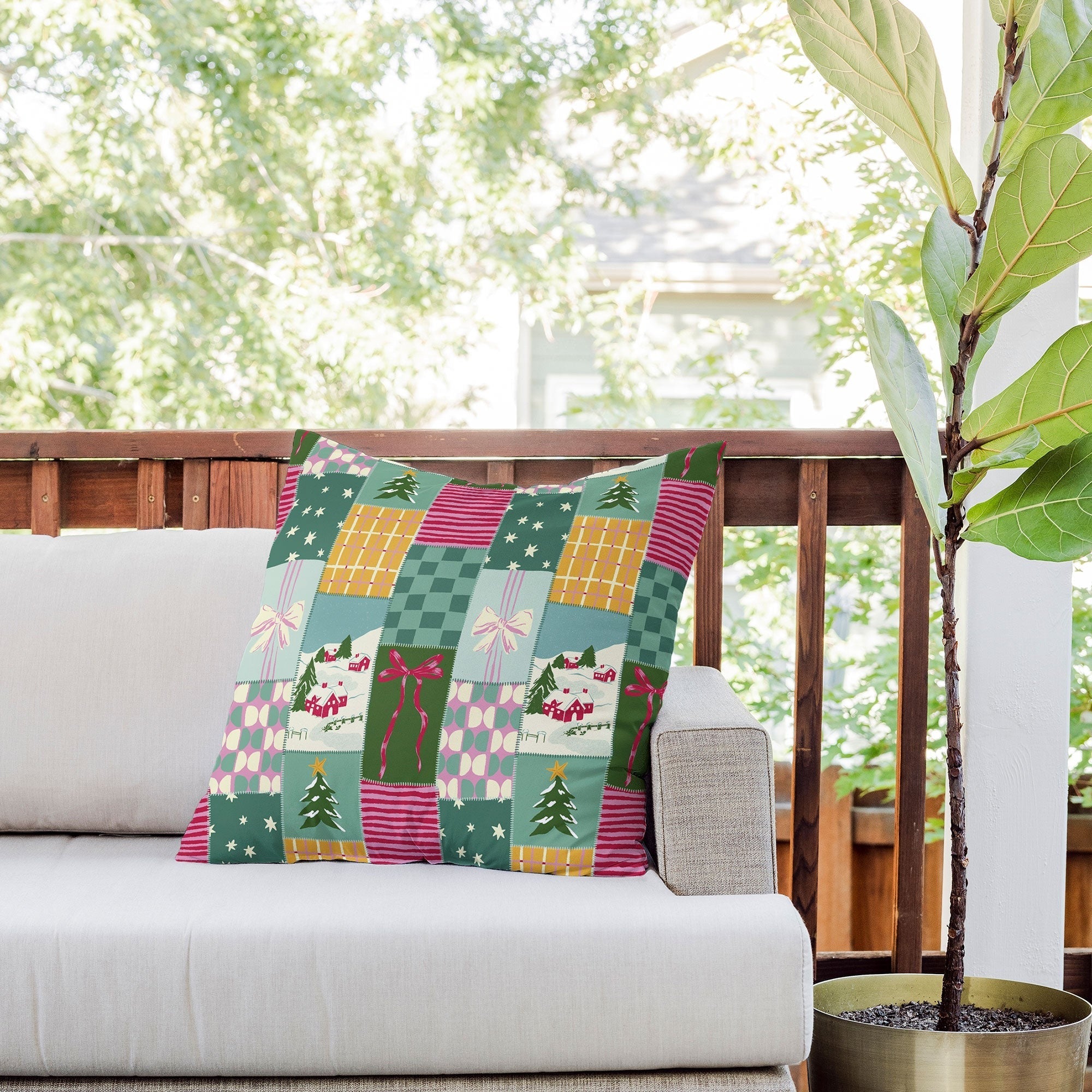 LouBruzzoni Cozy Christmas Patchwork Outdoor Throw Pillow