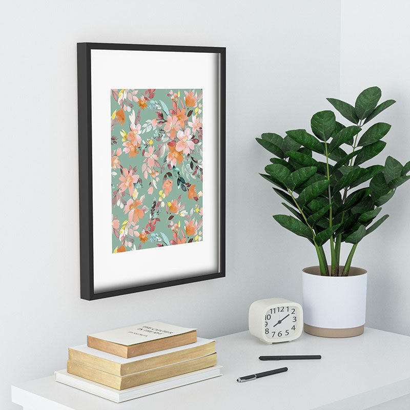 Ninola Design Botanic Retreat Floral Oleander Whimsical Teal Green Recessed Framing Rectangle