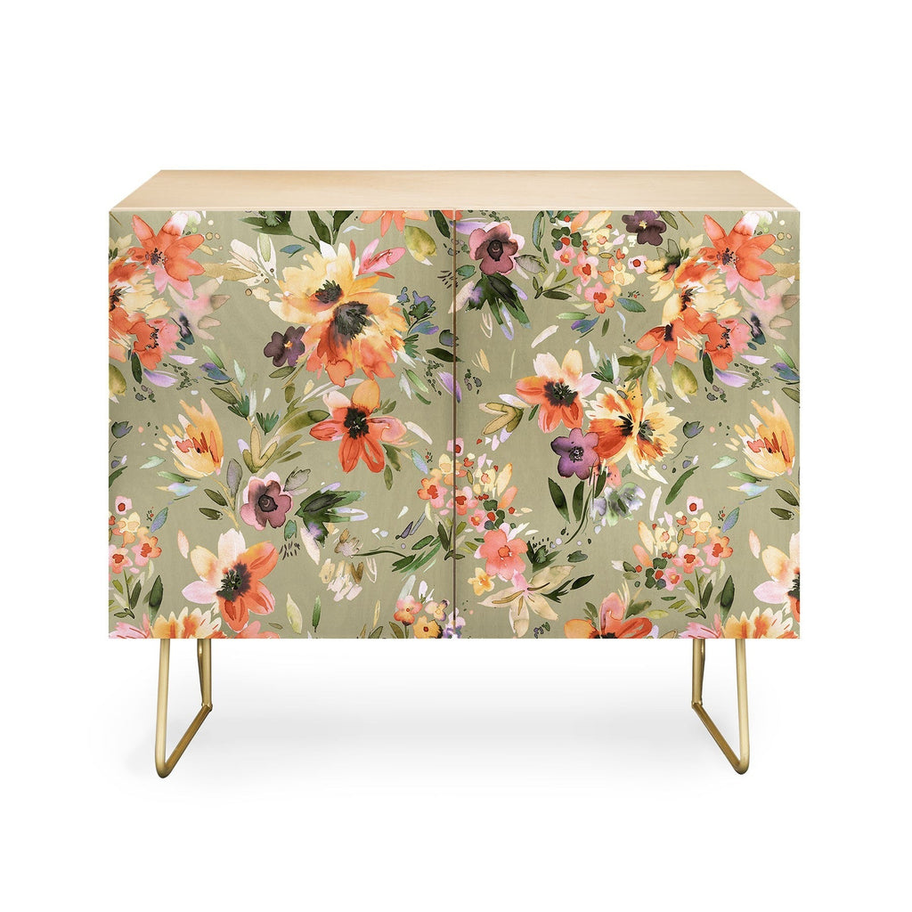 Ninola Design Botanic Retreat Painterly Tropical Flowers Sage Green Credenza