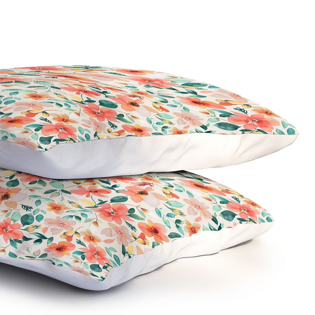 Ninola Design Botanic Retreat Tropical Whimsical Flowers Coral Green Pillow Shams