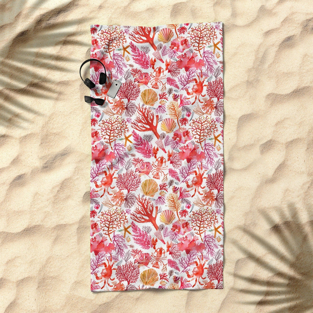 Ninola Design Botanic Retreat Coral Reef Crab Lobster Red Beach Towel