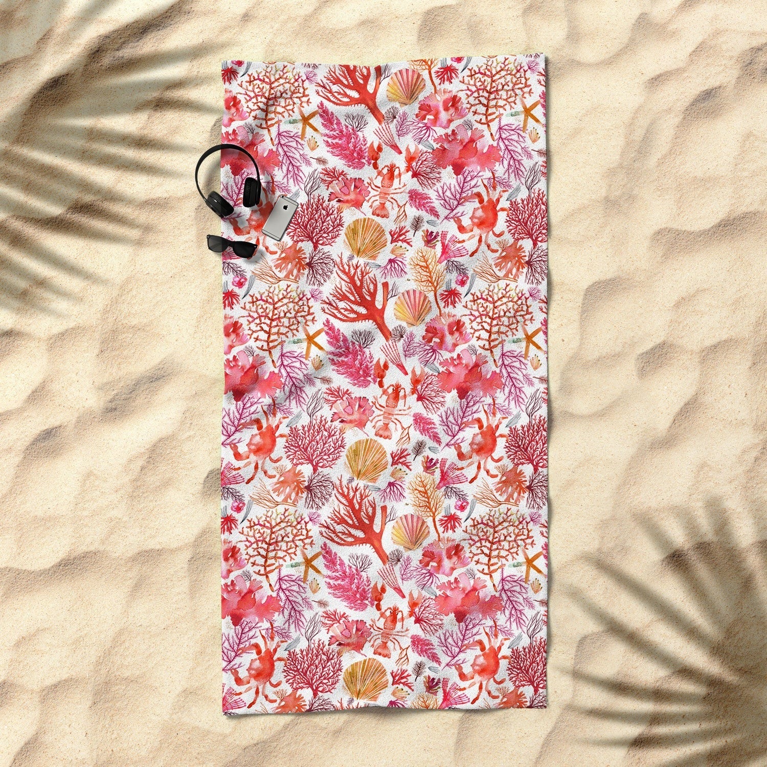 Ninola Design Botanic Retreat Coral Reef Crab Lobster Red Beach Towel