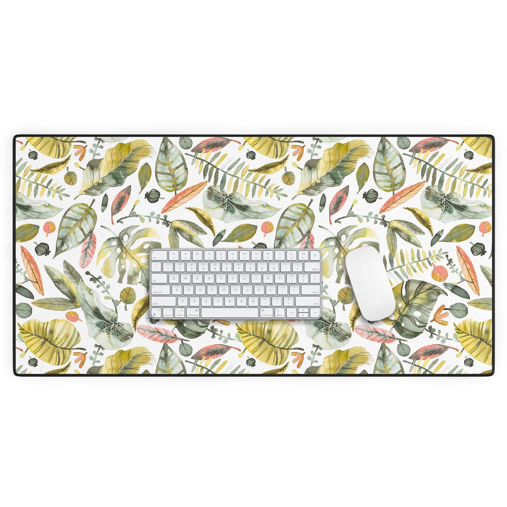 Ninola Design Botanic Retreat Tropical Jungle Leaves Botanical Green Orange Desk Mat