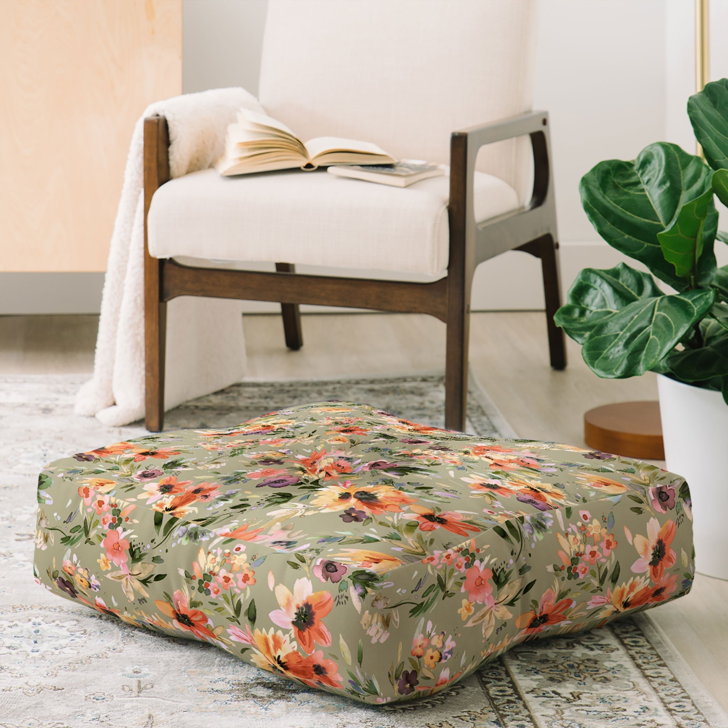 Ninola Design Botanic Retreat Painterly Tropical Flowers Sage Green Floor Pillow Square