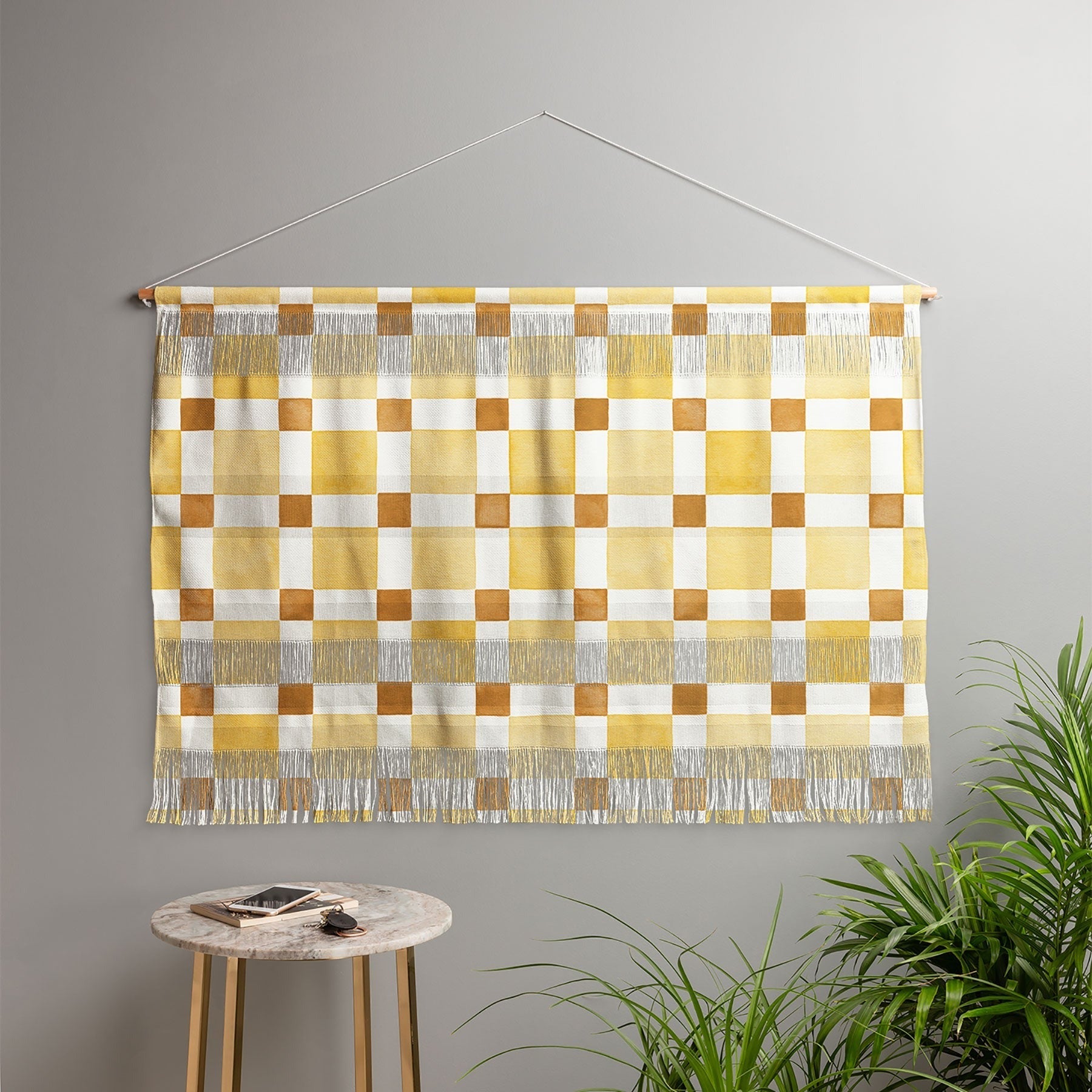 Ninola Design Everyday Artifact Checker Mosaic Tiles Geometry Yellow Wall Hanging Landscape