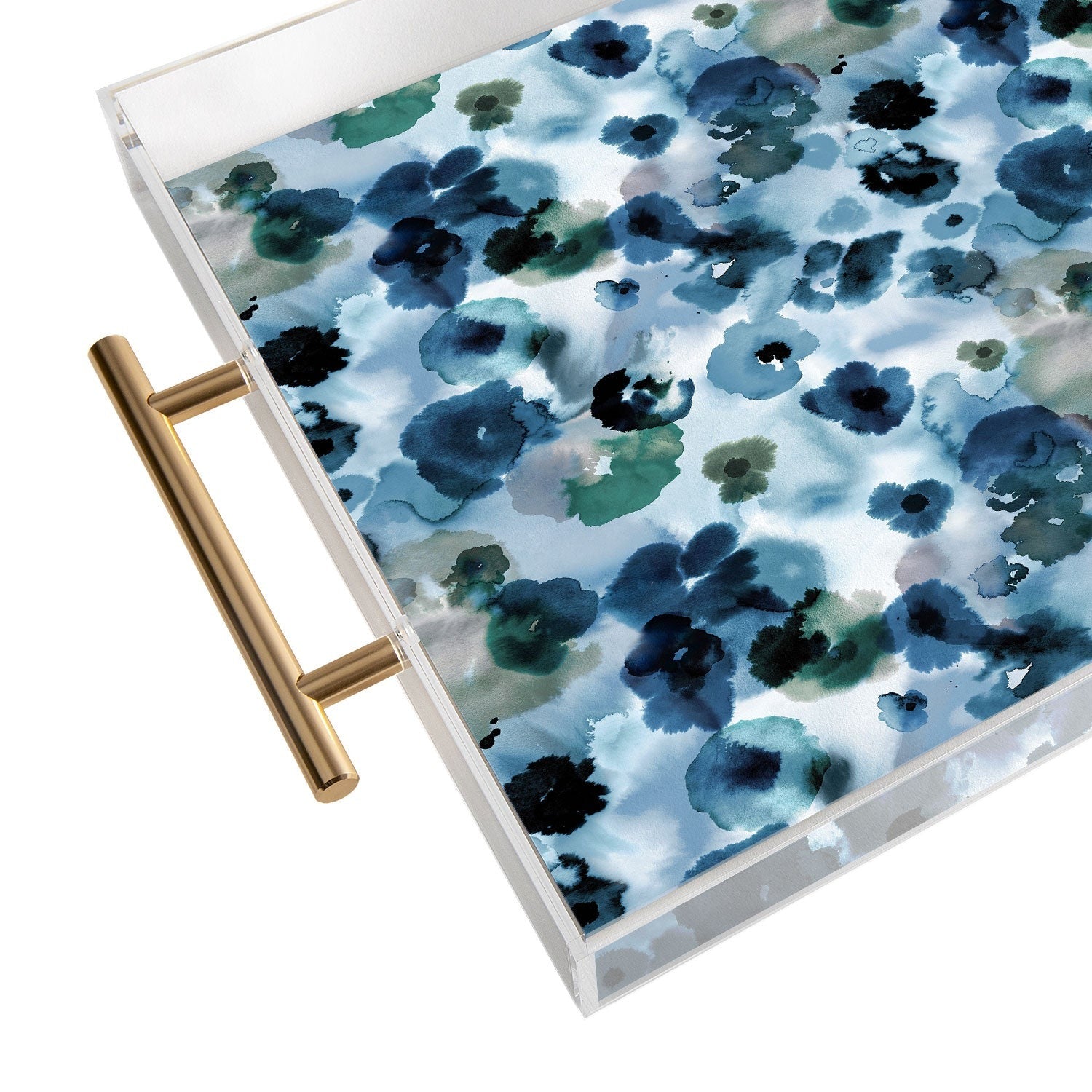 Ninola Design Botanic Retreat Ombre Abstract Watercolor Flowers Blue Navy Acrylic Tray