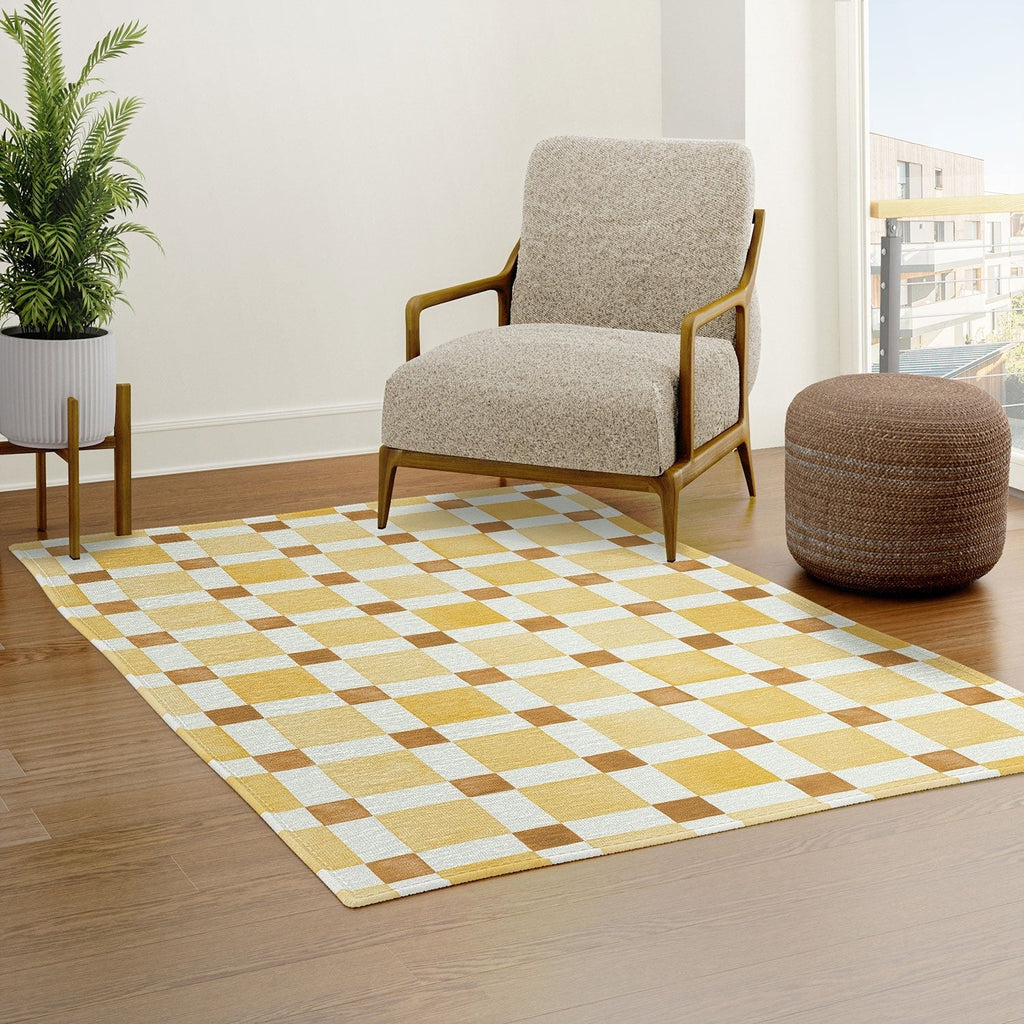 Ninola Design Everyday Artifact Checker Mosaic Tiles Geometry Yellow Area Rug