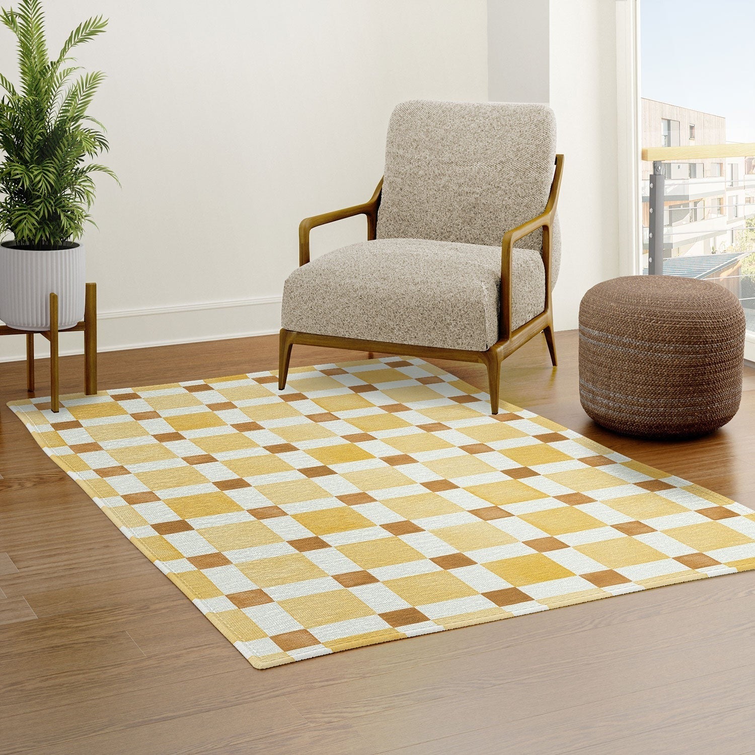 Ninola Design Everyday Artifact Checker Mosaic Tiles Geometry Yellow Area Rug