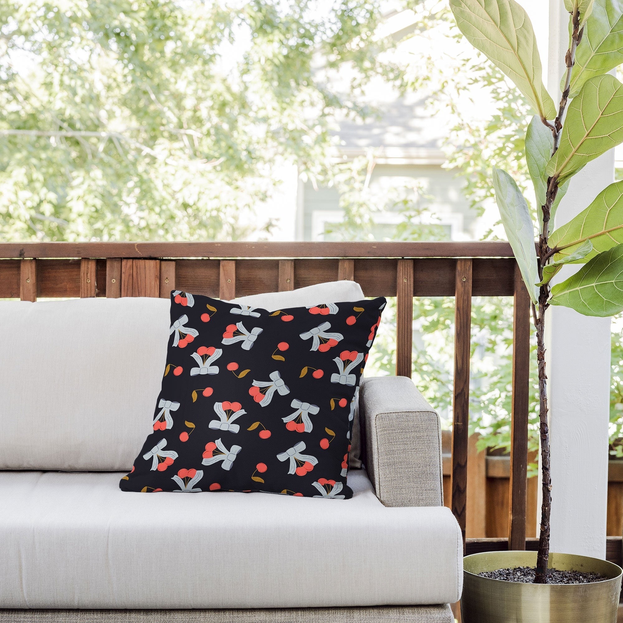 Jennifer Labre Cherries and Bows Outdoor Throw Pillow